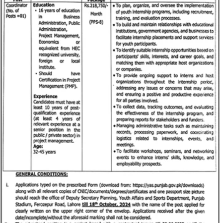 Youth Affairs and Sports Department Jobs 2024